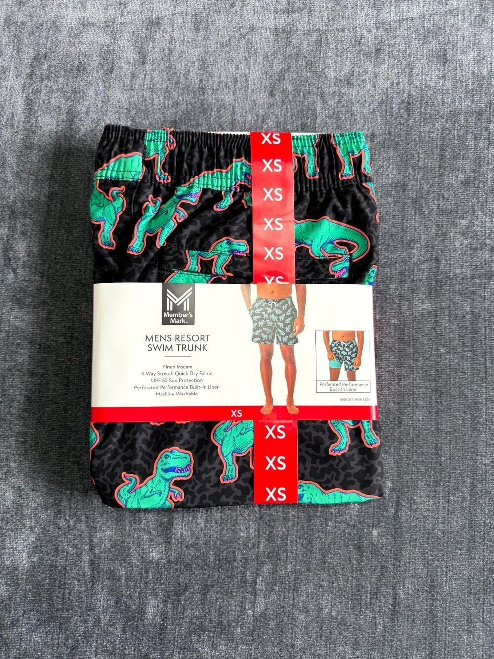 NWT Member's Mark Resort Swim Trunks Men's XS Black Dinosaur Print UPF 50+ Lined